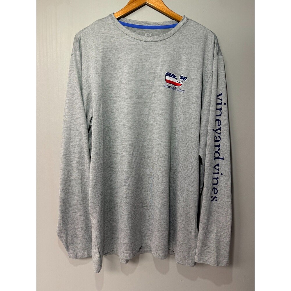Vineyard Vines Performance Long Sleeve T Shirt Men's Large Gray Patriotic Whale